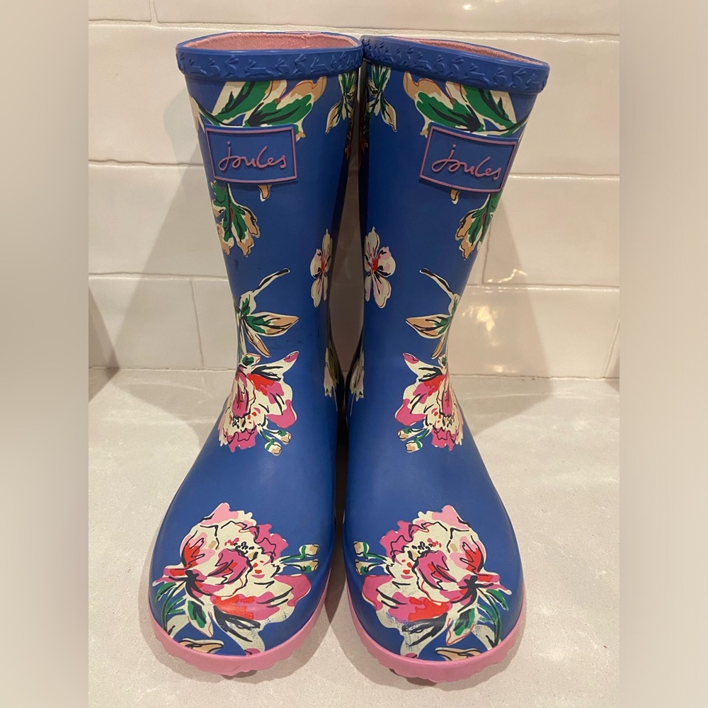 Joules kids Blue Floral Rain Boots roll up wellies size 1